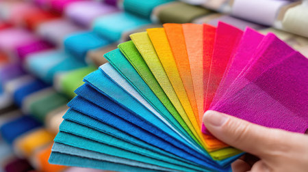 A hand holds a fan of textile swatches, showcasing a vibrant array of colors ideal for crafting and design. This image captures the essence of creativity, perfect for artists, designers, and hobbyists.の素材