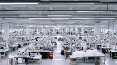 A vast and modern textile manufacturing facility filled with rows of sewing machines, busy workers, and organized workspaces, showcasing the production process.の素材