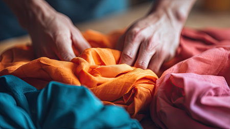 A close-up view of hands intricately sorting vibrant fabrics in a cozy workspace, highlighting the beauty and artistry of textiles and colors.の素材