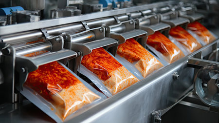 Captured in a modern food processing facility, this image showcases automated machinery filling sealed packets with a rich red sauce, highlighting efficiency and hygiene.の素材