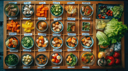 A vibrant arrangement of various food items in small bowls, showcasing colorful ingredients and culinary creativity, perfect for meal inspiration.の素材