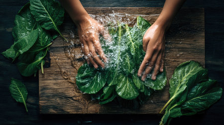 A pair of hands gently washes fresh green leaves under water, creating small splashes. The scene captures a rustic kitchen atmosphere, emphasizing freshness and health.の素材
