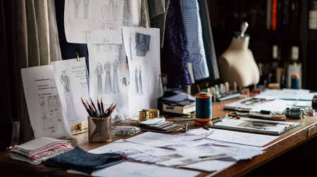 A well-organized fashion design workspace filled with sketches, tools, and textiles showcases the creative process in a cozy studio, inviting inspiration.の素材