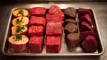 A vibrant assortment of high-quality beef cuts presented on a metal tray, ideal for culinary enthusiasts and professional chefs looking to create gourmet meals.の素材