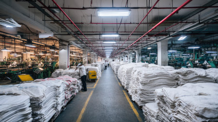 An expansive textile manufacturing facility showcasing neatly stacked rolls of fabric and well-organized machinery in a bright, industrial environment.の素材