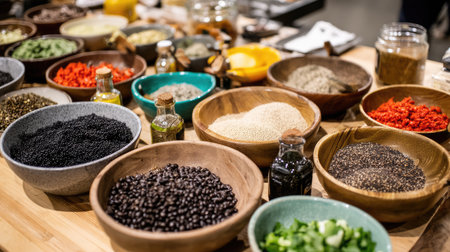 A vibrant and colorful assortment of spices and herbs displayed in unique bowls on a rustic wooden table, perfect for culinary inspiration and healthy cooking.の素材