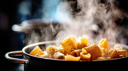 This captivating image features freshly cooked pasta in a pot, releasing steam into the air, capturing the essence of culinary delight and warmth.の素材