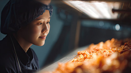 A focused culinary expert admires a freshly cooked batch of fried chicken in a bustling kitchen, showcasing dedication and professionalism in food preparation.の素材