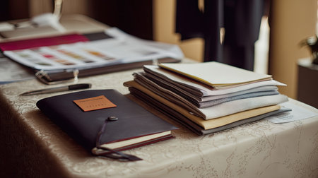 A well-organized workspace showing a stylish stack of papers and a sleek notebook set on a textured table, ideal for business and creative inspiration.の素材
