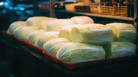 A vibrant market display featuring freshly harvested cabbage stacked on trays, highlighting the beauty of organic vegetables and inspiration for healthy cooking.の素材