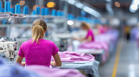 A professional seamstress focuses on sewing in a vibrant textile factory, surrounded by colorful threads and soft fabrics, showcasing craftsmanship and dedication.の素材