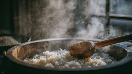 A captivating image of freshly steamed rice in a traditional wooden bowl, radiating warmth and comfort. The steam rises, enhancing the inviting atmosphere perfect for culinary showcases.の素材
