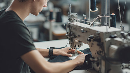 A dedicated tailor focuses on his task using an industrial sewing machine in a bright, well-equipped workshop. The scene captures the artistry and precision involved in garment construction.の素材