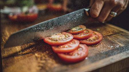 A close-up image of a skilled hand slicing fresh red tomatoes on a wooden cutting board using a sharp knife. The vibrant colors and textures highlight the natural ingredient in a culinary setting. Perfect for food lovers and chefs.の素材