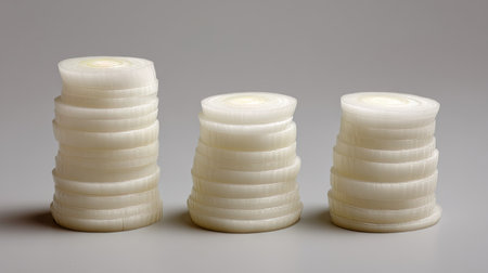 A series of neatly stacked onion slices arranged on a light background, showcasing the texture and freshness ideal for food photography and culinary presentations.の素材