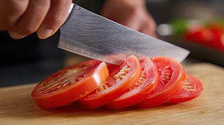 A close-up view of a chef's hand slicing ripe red tomatoes on a wooden cutting board. The scene captures the essence of fresh cooking in a modern kitchen.の素材