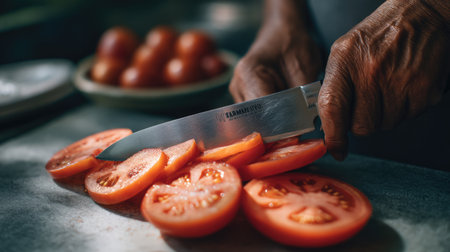 A detailed close-up image showcasing hands skillfully slicing fresh, ripe tomatoes with a sharp knife on a kitchen counter, highlighting culinary art.の素材