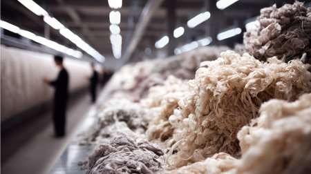 This image captures a bustling textile production facility, showcasing heaps of raw fiber materials with workers engaged in the manufacturing process.の素材