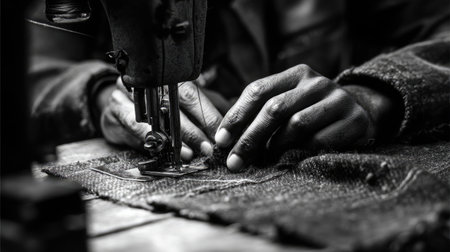 A focused artisan hand-sewing fabric using a classic sewing machine, showcasing the beauty of craftsmanship and attention to detail in a monochrome setting.の素材