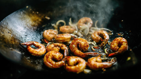 A vivid image of shrimp sizzling in a wok, surrounded by aromatic spices and steam, showcasing culinary art and the joy of cooking delicious meals.の素材