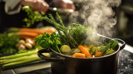 A chef skillfully prepares a variety of fresh vegetables in a black pot, creating an inviting kitchen atmosphere with steam rising and fresh herbs.の素材