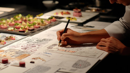 A culinary artist engrossed in sketching innovative dish designs, showcasing fresh ingredients on a sophisticated restaurant table, highlighting creativity and artistry in food presentation.の素材