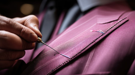 A skilled tailor meticulously hand sews a custom suit, showcasing precision with needle and thread in vibrant fabric. The artistry emphasizes attention to detail.の素材