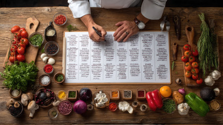 A chef focuses on writing a recipe on a rustic wooden table, surrounded by vibrant vegetables, fresh herbs, and assorted spices, portraying culinary creativity.の素材