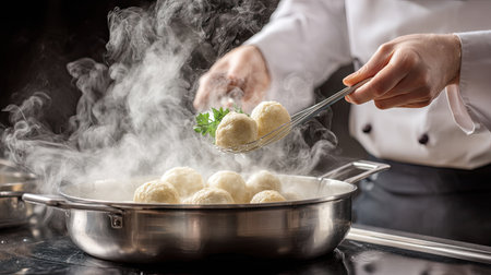 A skilled chef is delicately lifting steaming dumplings from a pot, showcasing expertise and passion for culinary arts in a vibrant kitchen setting.の素材