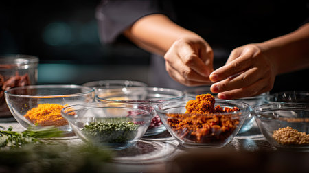 A close-up image capturing hands carefully preparing spices and ingredients in a well-lit home kitchen, showcasing vibrant bowls filled with colorful spices, herbs, and other culinary delights, perfect for creative cooking and meal preparation.の素材