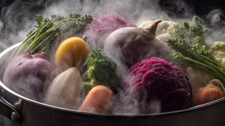 A vibrant assortment of fresh vegetables, including purple cauliflower and broccoli, steam gently in a silver pot, creating a visual feast for meal preparations.の素材