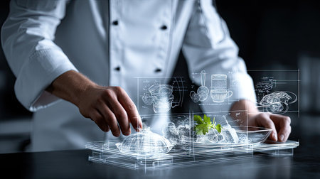 A skilled chef carefully presents a modern dish in a stylish kitchen, showcasing innovative plating techniques and fresh ingredients, highlighting culinary artistry.の素材