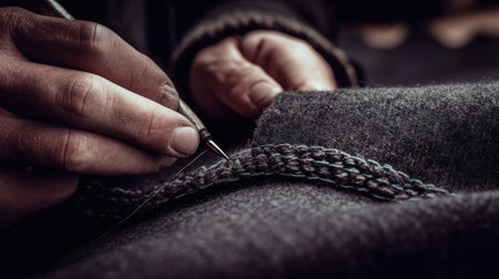 This image captures the intricate art of sewing, showcasing a close-up view of hands engaged in creating decorative stitches on a piece of fabric.の素材