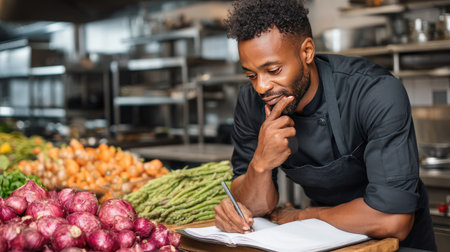 A focused chef in a black uniform thoughtfully writes notes in a busy kitchen filled with colorful fresh vegetables like onions and asparagus, reflecting culinary passion.の素材