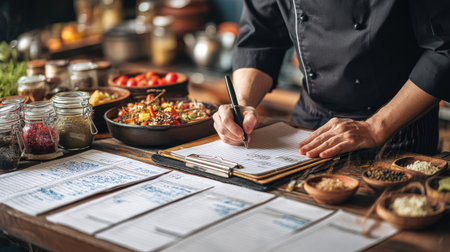 A chef focused on writing recipes in a rustic kitchen, surrounded by fresh ingredients and spices, creating a warm culinary atmosphere and inviting creativity.の素材