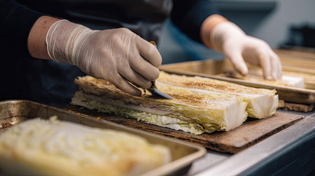 A chef in a professional kitchen delicately prepares fresh cabbage using precise techniques while wearing gloves, ensuring food safety and quality.の素材