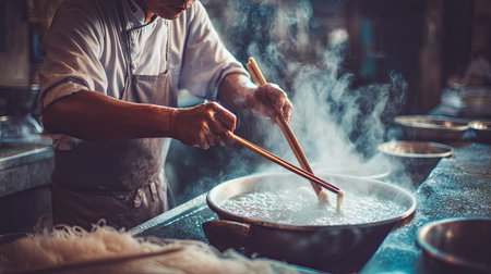 A chef passionately prepares steaming noodles in a vibrant kitchen, skillfully using chopsticks amidst billowing steam and fresh ingredients.の素材