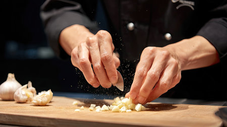 A skillful chef demonstrates precise chopping techniques while preparing fresh garlic on a wooden cutting board, showcasing culinary expertise and attention to detail.の素材