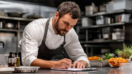 A dedicated male chef is focused on preparing culinary dishes in a modern kitchen. Fresh ingredients are artfully arranged as he takes notes, showcasing his creativity and skill in a professional environment.の素材