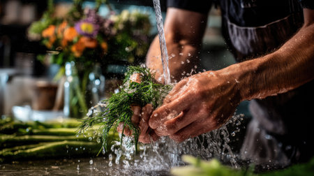 A skilled chef passionately washes fresh herbs under running water, highlighting the vibrant colors of nature in a rustic kitchen, perfect for culinary art.の素材