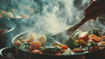 A steaming pot of colorful vegetable stew simmers on the stove, showcasing a hand stirring fresh ingredients in a cozy kitchen atmosphere.の素材