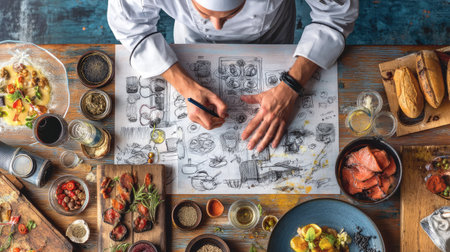 A professional chef sketches unique recipe ideas in a vibrant kitchen, surrounded by various ingredients and beautifully plated dishes on a wooden table.の素材