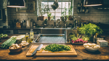 A beautifully arranged kitchen countertop features freshly chopped herbs and vibrant vegetables in a warm, inviting atmosphere filled with natural light.の素材