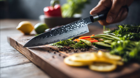 A dramatic scene showcasing a hand holding a modern chef knife skillfully slicing vibrant fresh vegetables like peppers and lemons on a rustic wooden cutting board.の素材