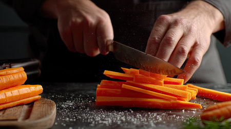 A skilled chef expertly slices bright orange carrots on a dark countertop, showcasing a blend of precision and artistry in food preparation.の素材