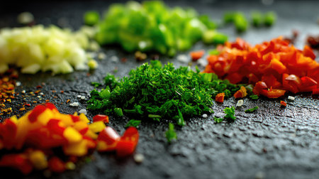 A stunning arrangement of freshly chopped vegetables and herbs showcases vibrant colors on a dark slate background, perfect for culinary inspiration and cooking.の素材