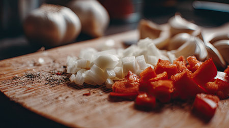 A close-up view of freshly chopped vegetables displayed on a wooden cutting board, with garlic and onions in the background, perfect for inspiring healthy meal preparation.の素材