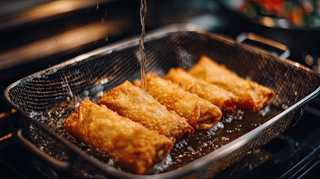 This image captures the sizzling process of frying crispy spring rolls, showcasing their golden texture in a modern kitchen setting.の素材