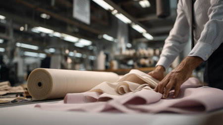 A talented tailor meticulously organizes soft fabrics in a well-lit workshop, showcasing the artistry involved in textile design and clothing production.の素材