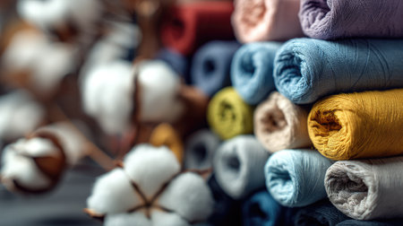 A captivating arrangement of vibrant rolled fabric textiles in various colors, accompanied by delicate cotton bolls, perfect for sewing and crafting inspiration.の素材